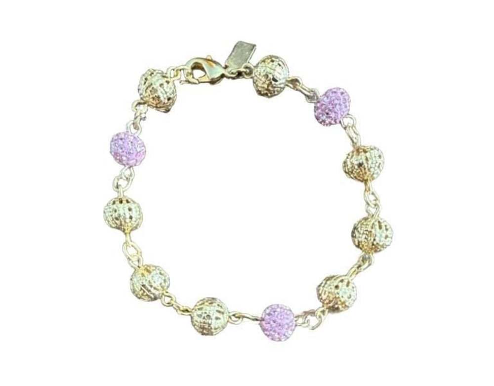 1928 Gold-Tone Filigree and Pink Crystal Pave Ball Link Bracelet